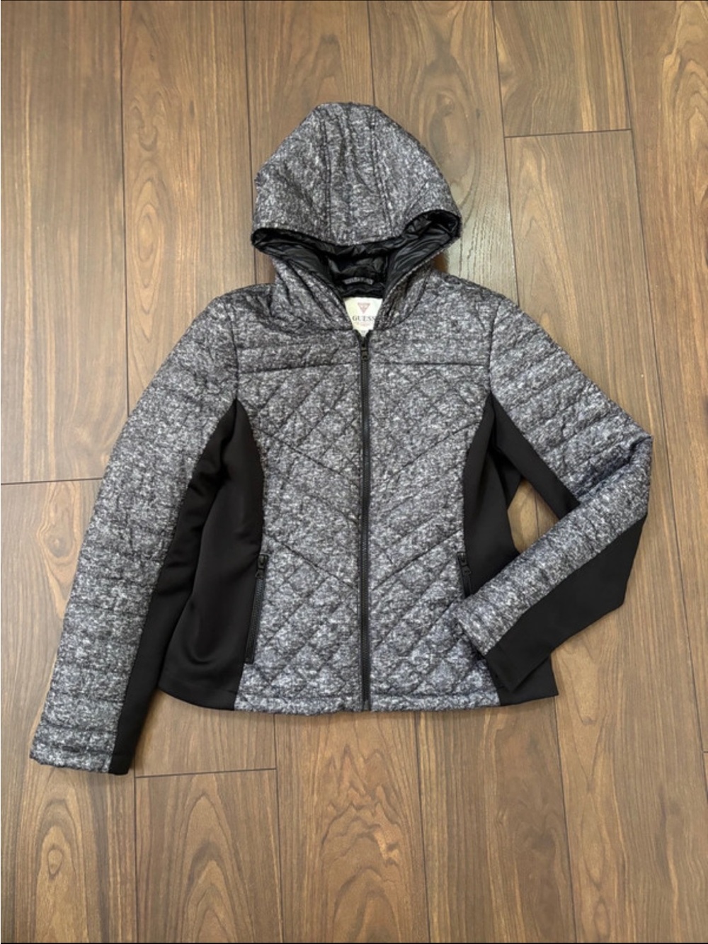 Guess Quilted Hooded Puffer Jacket in Gray and Black